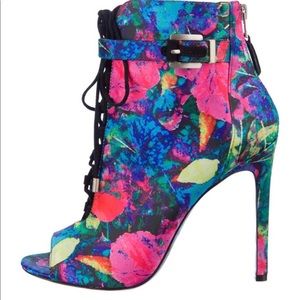 B Brian Atwood satin floral print open toe booties